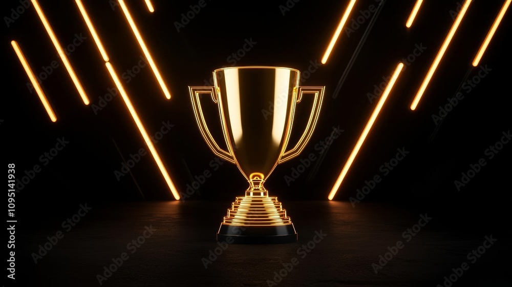 High-tech golden cup illuminated by futuristic neon trails, dark sci-fi atmosphere highlighting innovation, championship trophy, e-sports success High-tech golden cup illuminated by futuristic neon trails, dark sci-fi atmosphere highlighting innovation, championship trophy, e-sports success
