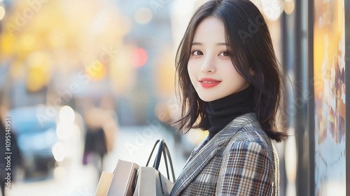 Asian woman walking confidently along a city street, holding her shopping bags stylishly in one arm. She is dressed in a tailored plaid blazer over a fitted turtleneck photo