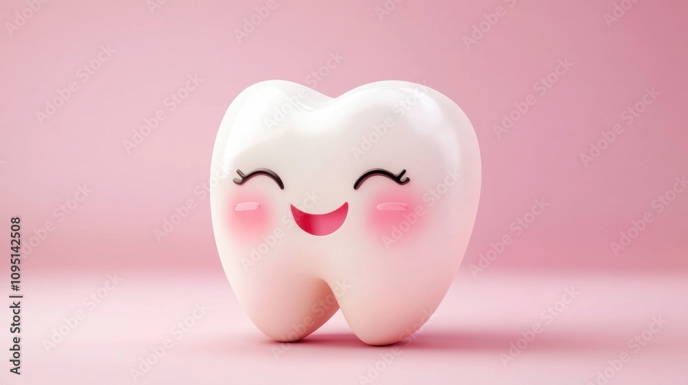 Cute cartoon tooth character with a joyful expression, smiling with rosy cheeks, set against a soft pink background, perfect for health and dental care themes or children's products. Cute cartoon tooth character with a joyful expression, smiling with rosy cheeks, set against a soft pink background, perfect for health and dental care themes or children's products.