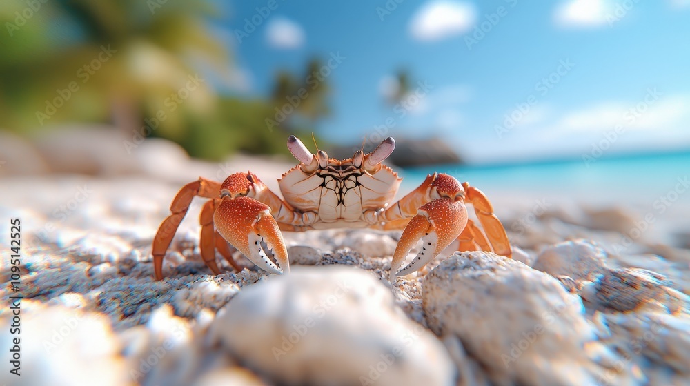 Red Crab on Tropical Beach Ocean Shore Summer Wildlife Red Crab on Tropical Beach Ocean Shore Summer Wildlife