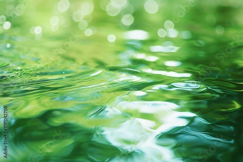 Calm green water surface with gentle ripples reflecting a soft light, creating a tranquil and serene atmosphere.