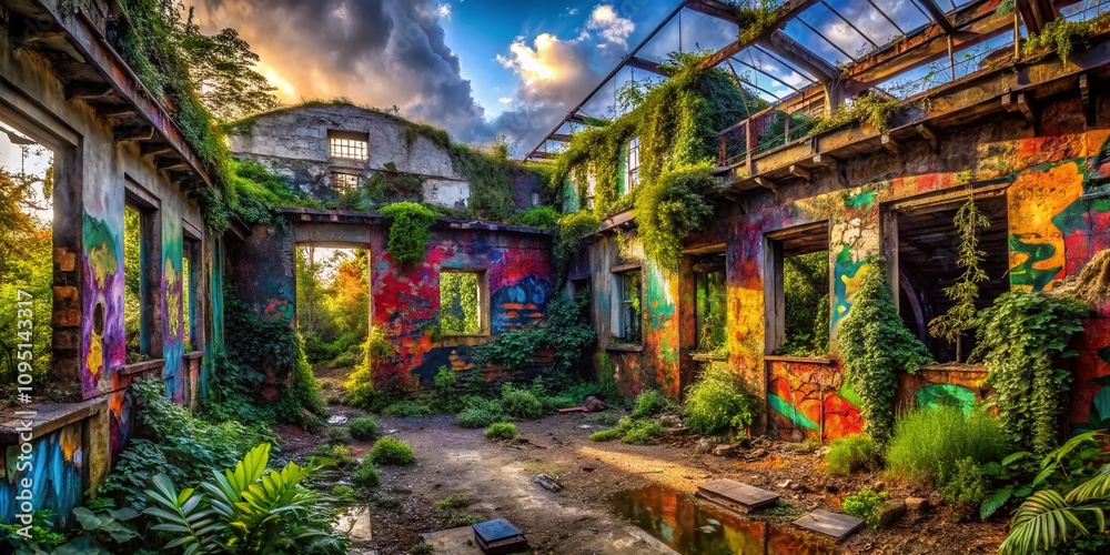 Fototapeta premium Urban Exploration Photography featuring Abandoned Buildings, Graffiti Art, and Decaying Infrastructure in a Gritty Cityscape with Vibrant Colors and Atmospheric Lighting