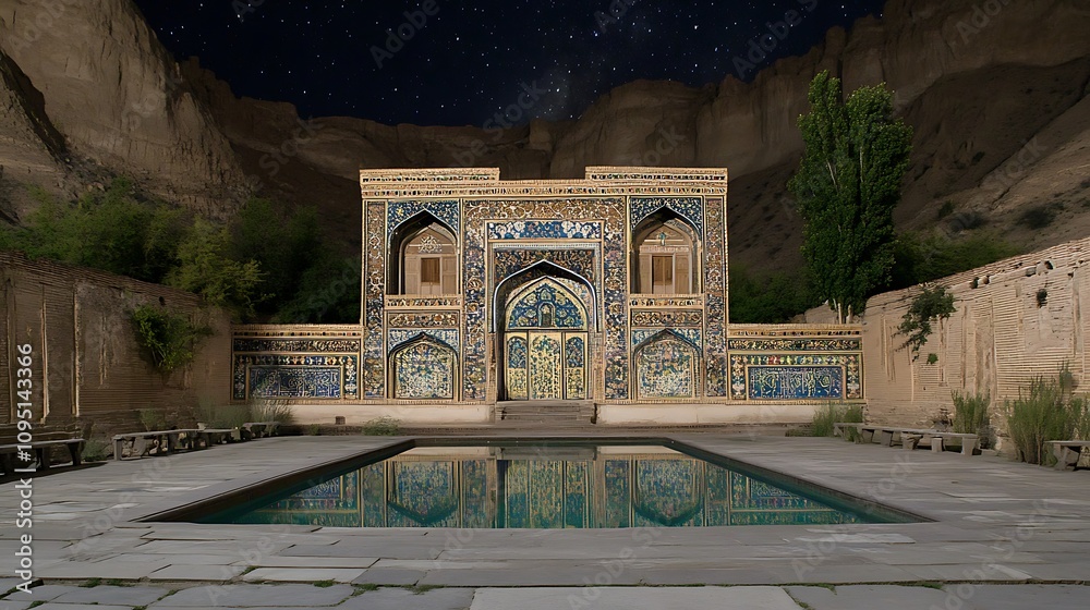 Obraz premium Ornate Tile-Decorated Building with a Pool Under a Starry Sky