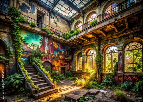 Urban Exploration Photography Featuring Abandoned Buildings with Intricate Graffiti and Overgrown Nature, Capturing the Beauty of Decay and Urban Artistry in a City Landscape