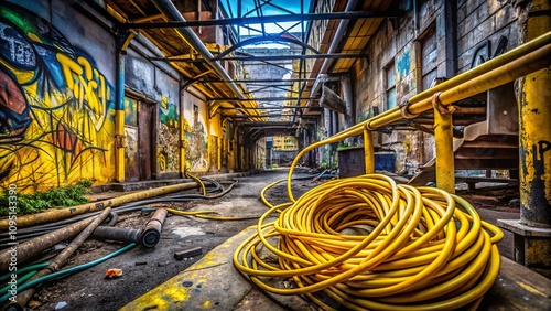 Urban Exploration Photography Featuring a Bright Yellow Network Cable in a Gritty Industrial Setting with Urban Decay and Modern Technology Elements for Dynamic Visual Impact photo