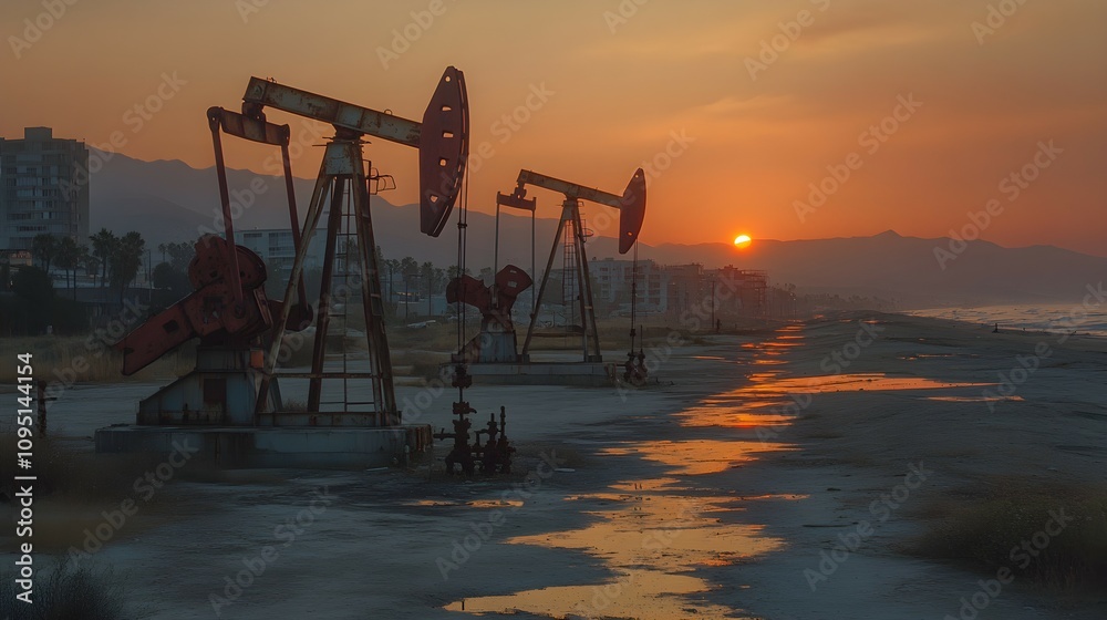 Abandoned oil pumps line the coastline near rundown buildings at sunset Abandoned oil pumps line the coastline near rundown buildings at sunset