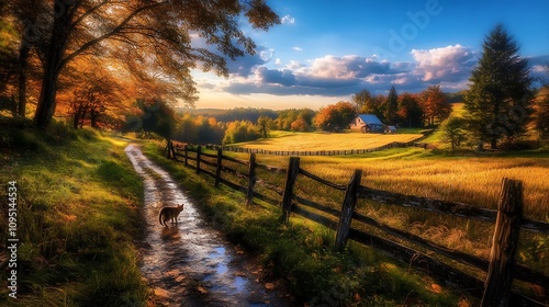 Rural Country Road in Autumn with a Cat and a Farmhouse in the Distance