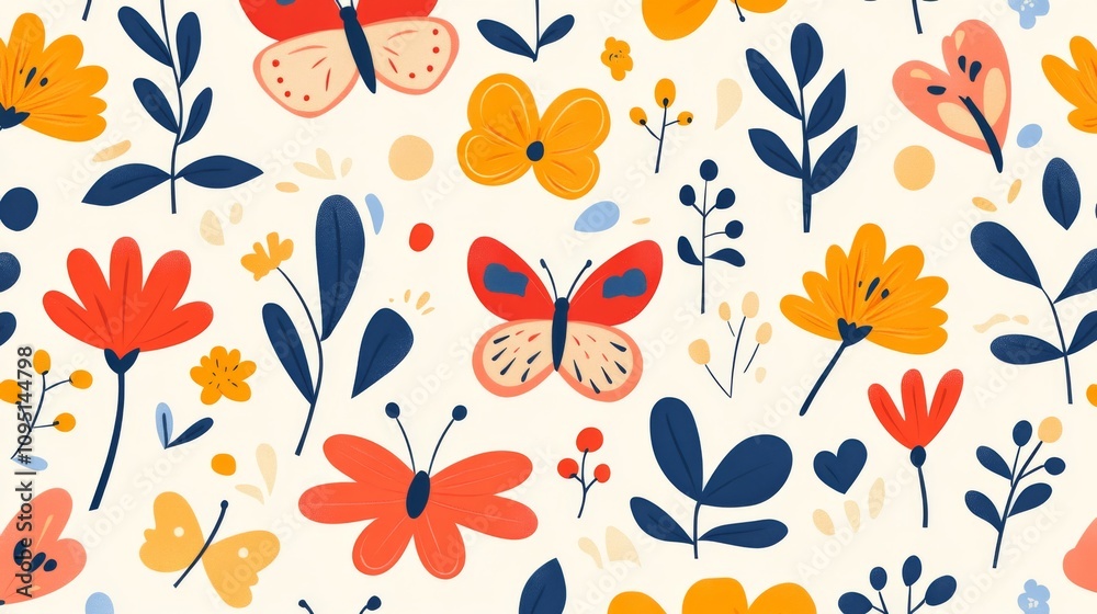 Colorful flower pattern with butterflies and leaves. The butterflies are in various sizes and colors. The flowers are also in different sizes and colors, with some being larger and others smaller Colorful flower pattern with butterflies and leaves. The butterflies are in various sizes and colors. The flowers are also in different sizes and colors, with some being larger and others smaller