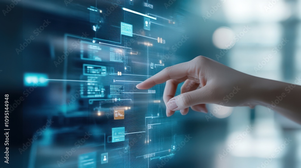Futuristic User Interface Interaction Showcasing Digital Data Visualization and Touchscreen Technology with a Human Hand Engaging in Innovative Tech Experience Futuristic User Interface Interaction Showcasing Digital Data Visualization and Touchscreen Technology with a Human Hand Engaging in Innovative Tech Experience