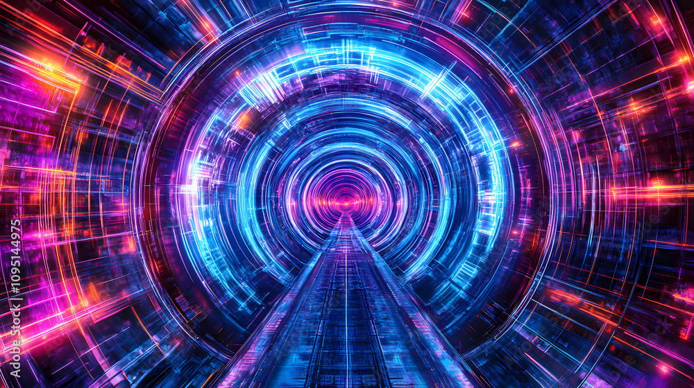 Creating a futuristic and dynamic visual experience, this abstract geometric tunnel features neon colors. Neon Tunnel Visions. Illustration Creating a futuristic and dynamic visual experience, this abstract geometric tunnel features neon colors. Neon Tunnel Visions. Illustration