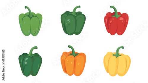 Vector set of various bell peppers Cartoon red green yellow orange sweet paprika fresh organic vegetable for cooking and healthy eating Vector colorful food vegetable illustration on white background