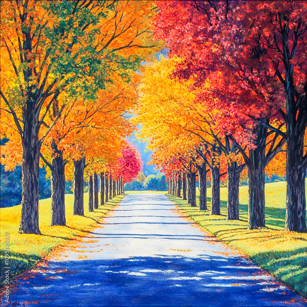 Fototapeta premium Colorful autumn trees gracefully lining the scenic driveway