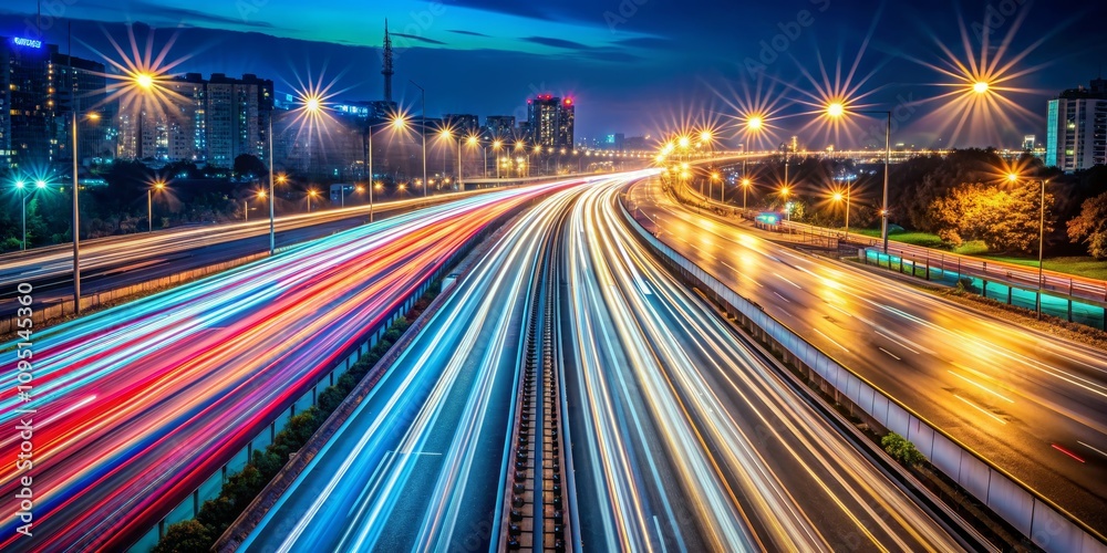 Fototapeta premium Cityscape Nighttime Long Exposure Urban Highway with Light Trails and Starburst Effects