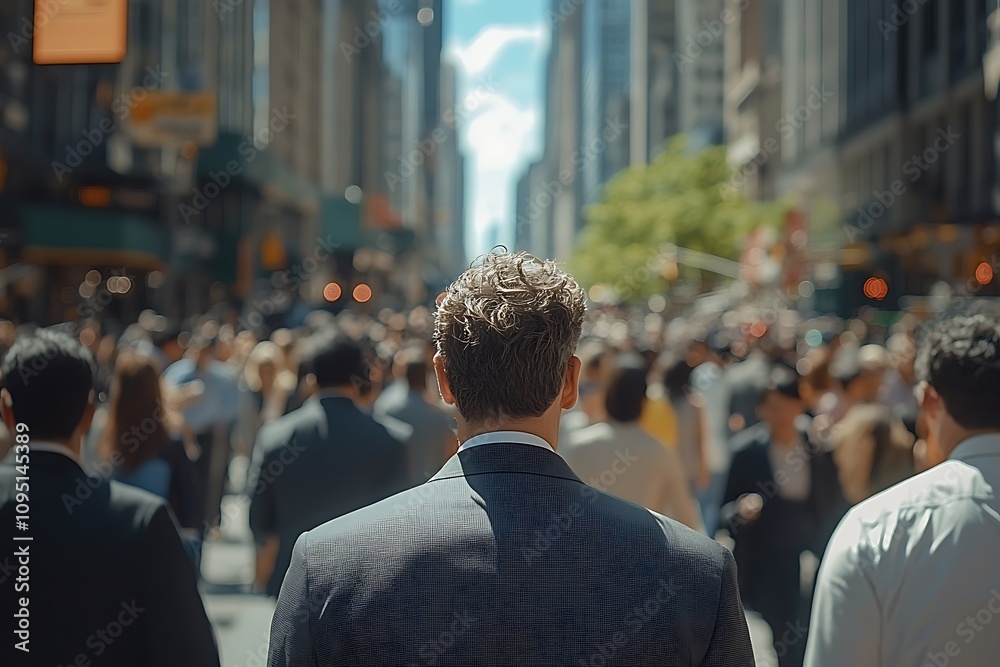 Midtown Sunlight Gray Suit in Urban Crowd Midtown Sunlight Gray Suit in Urban Crowd