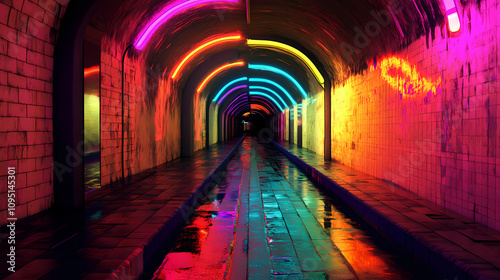 A visually captivating image, showing an illuminated passageway with reflections and neon lights in vivid colors. Neon Tunnel Visions. Illustration