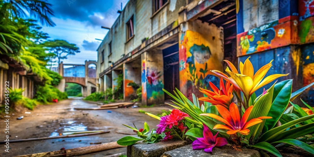Naklejka premium Urban Exploration Photography Featuring Vibrant Hawaiian Lays Amidst Abandoned Buildings and Urban Landscapes, Capturing the Contrast of Nature and Urban Decay