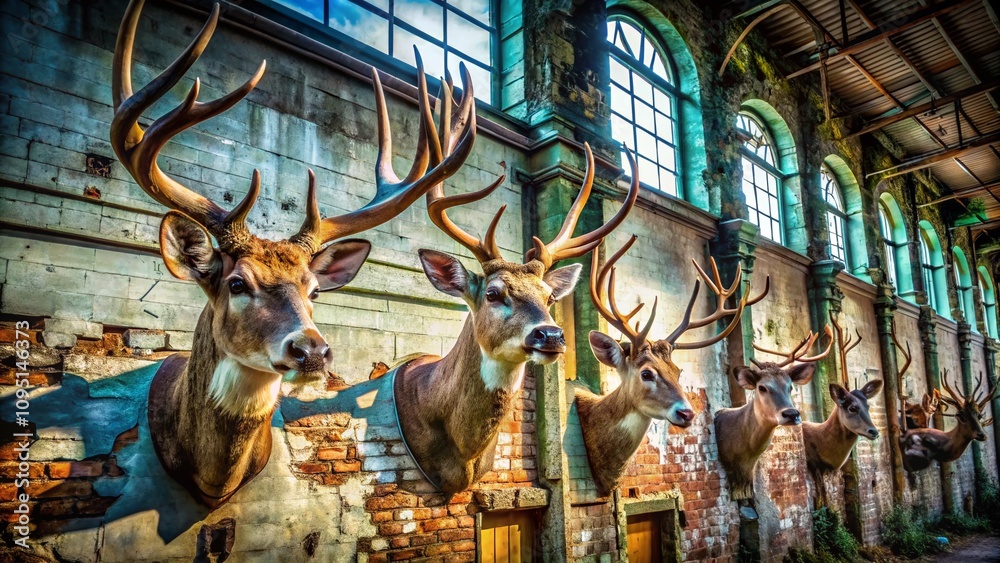Obraz premium Urban Exploration Photography of Rustic Deer Heads Displayed in an Abandoned Warehouse, Capturing the Blend of Nature and Urban Decay, Evoking a Sense of Mystery and Adventure