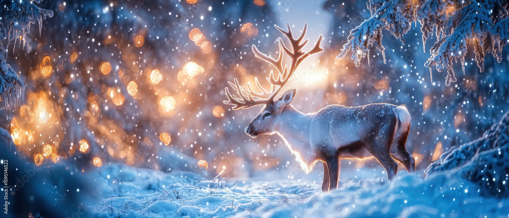 serene reindeer stands in snowy landscape, surrounded by twinkling lights and falling snowflakes, evoking magical Christmas night atmosphere