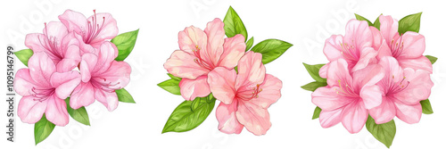 Beautiful pink azalea flowers with vibrant green leaves, perfect for decoration or design projects.