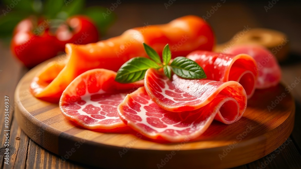 Variety of cured meats on a wooden charcuterie board. Close-up of ham, salami, sausage, cured meats slices, high sodium foods Variety of cured meats on a wooden charcuterie board. Close-up of ham, salami, sausage, cured meats slices, high sodium foods