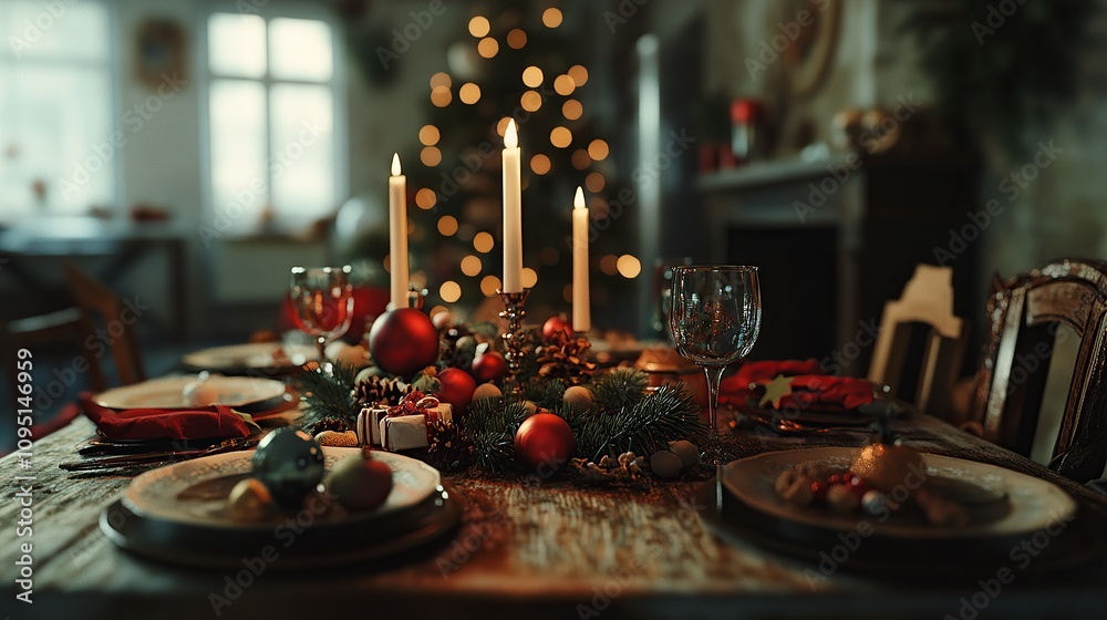A beautifully set festive dining table with candles and holiday decorations. A beautifully set festive dining table with candles and holiday decorations.
