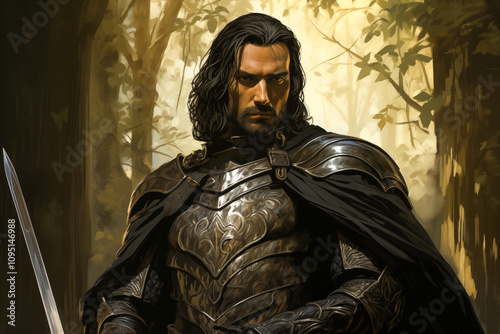 Regal warrior stands poised in a mystical forest, embodying strength and power while holding a gleaming sword under the dappled sunlight at dusk