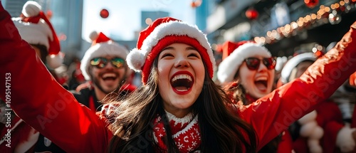 Cheerful fans in festive red costumes and hats passionately cheering and supporting their favorite team at a lively holiday themed sports event  The group is filled with energy excitement photo