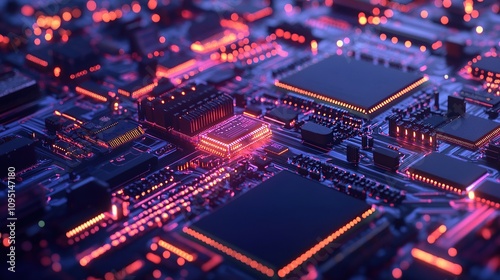 A close-up view of a complex circuit board with glowing components and connections.