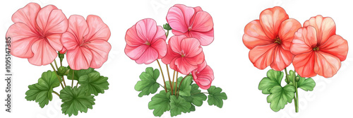 Three beautiful geranium flowers on a white isolated background, showcasing their vibrant colors and lush green leaves.