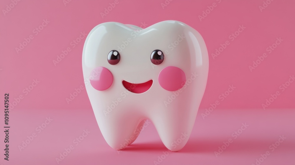Cute and Cheerful Cartoon Tooth Character with Big Eyes and Blush on Cheeks Set Against a Soft Pink Background for Dental Health Promotion and Children's Education Cute and Cheerful Cartoon Tooth Character with Big Eyes and Blush on Cheeks Set Against a Soft Pink Background for Dental Health Promotion and Children's Education