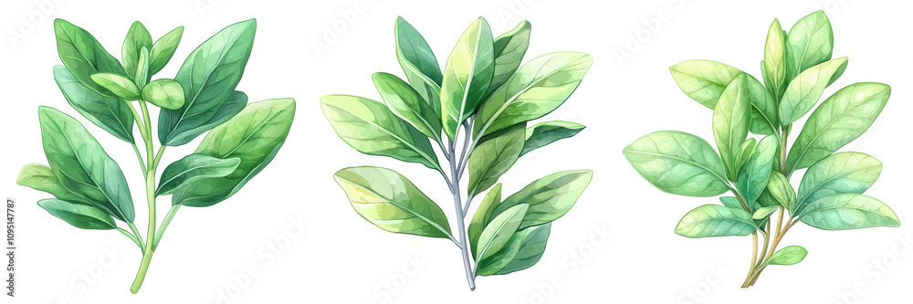 Naklejka premium Three lush green plant branches isolated on white background, perfect for botanical designs.