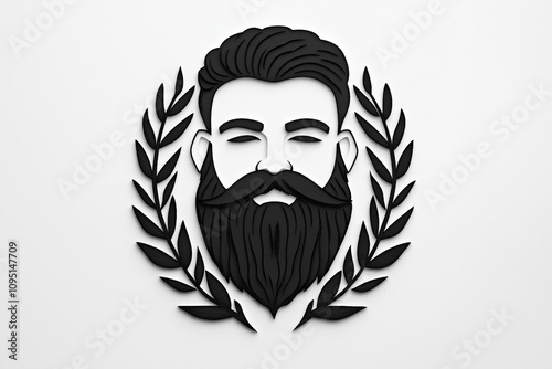 Intriguing black and white logo featuring a stylized male face with a beard and an ornate laurel wreath design in a minimalist style