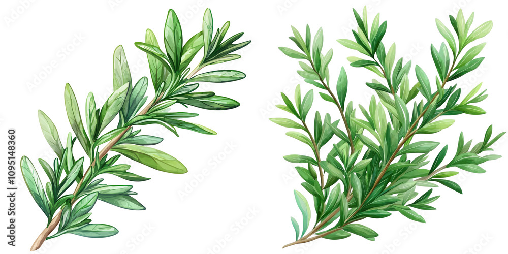 Naklejka premium Two vibrant green herb branches, isolated on a white background, perfect for culinary or botanical themes.
