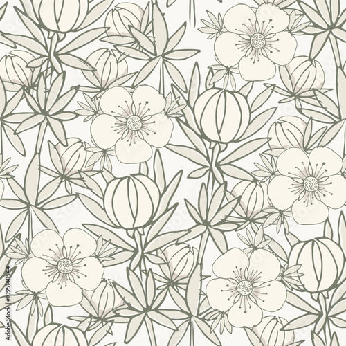 Wallpaper Mural Elegant neutral vector seamless floral background pattern with blossoms, buds and stems. Repeat with delicate petals line art flowers. Botanical outline backdrop with garden and wildflowers for print Torontodigital.ca