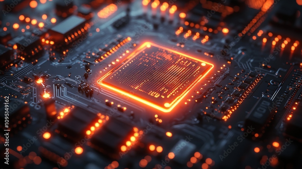 Close-Up of a Microchip with Glowing Orange Circuitry Close-Up of a Microchip with Glowing Orange Circuitry