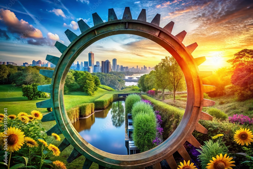 Obraz premium Vibrant Double Exposure of Colored Cog Wheels Intertwined with Nature's Beauty and Urban Landscapes for Creative Visuals and Conceptual Imagery