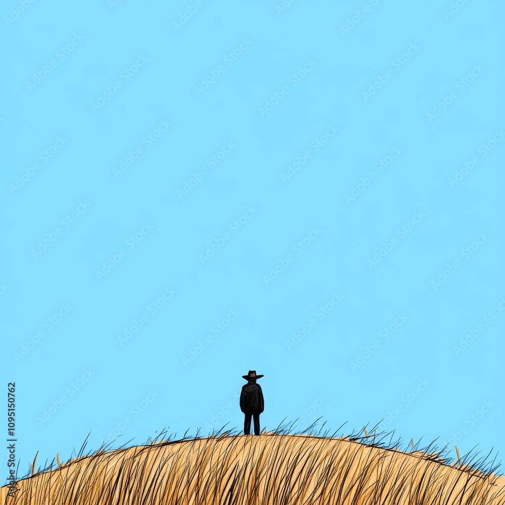 Obraz premium Lone Figure in Hat on Golden Hill Under Blue Sky Peaceful Landscape Illustration