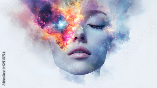 beautiful fantasy abstract portrait of a woman face with colorful paint space nebula, closeup of eyeson white or transparent png