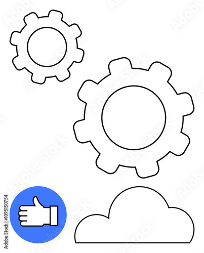 Gears, cloud, and thumbs-up hand on a blue circle. Ideal for technology, cloud services, engineering, project management, data integration software development and digital transformation. Line