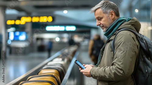 A passenger waiting at the baggage claim, using a mobile app to track the arrival of their luggage.
