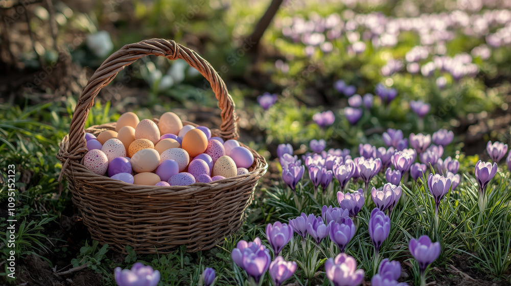 Wicker basket filled with colorful Easter eggs among blooming purple crocuses in a spring garden. Easter celebration and seasonal nature concept for articles, greeting cards, or advertising campaigns. Wicker basket filled with colorful Easter eggs among blooming purple crocuses in a spring garden. Easter celebration and seasonal nature concept for articles, greeting cards, or advertising campaigns.