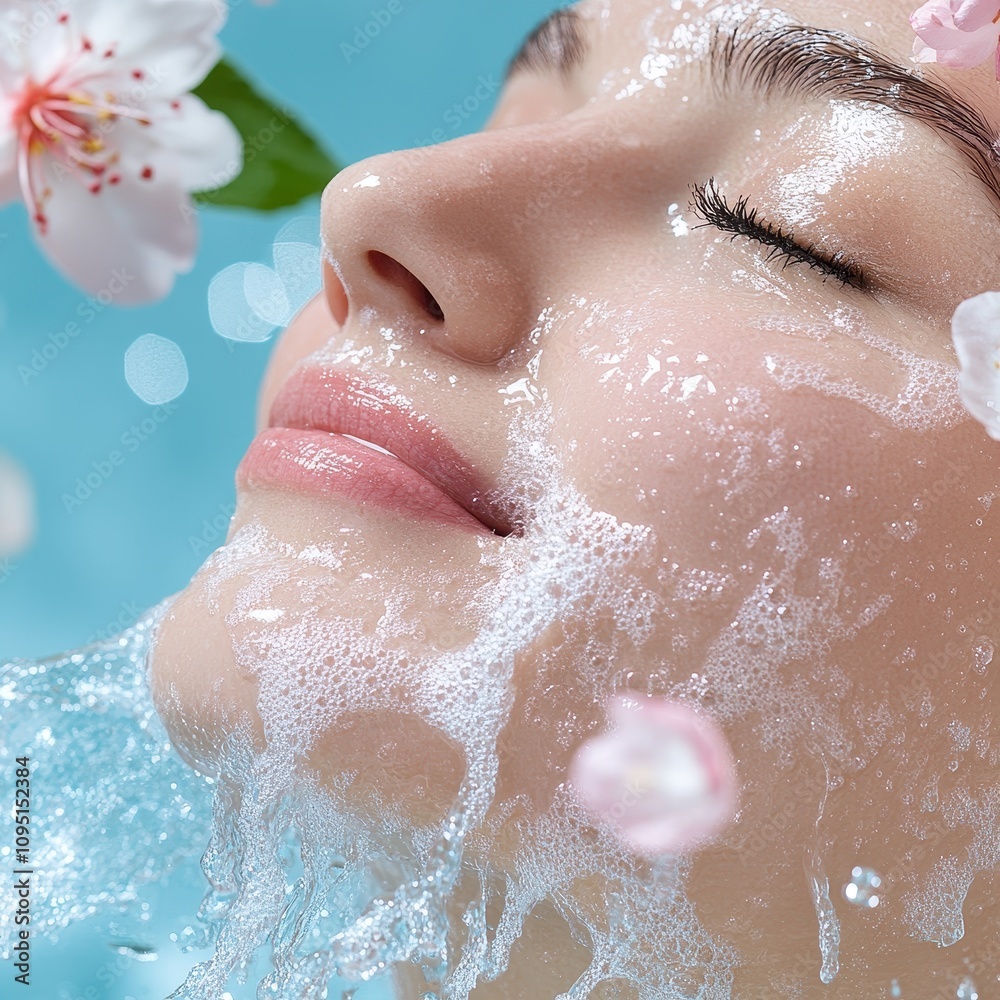 Fototapeta premium Close-Up of a Woman’s Face Being Gently Patted with Hydrating Water and Blossoms in a Serene Setting, Emphasizing Beauty and Skin Care Rituals