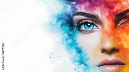 portrait of a woman with makeup, 
beautiful fantasy abstract portrait of a woman face with colorful paint space nebula, closeup of eyeson white or transparent png