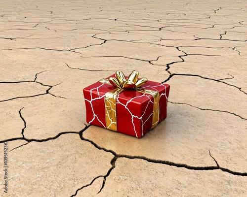 Red Gift Box on Dry Cracked Earth Climate Change Drought Present Hope