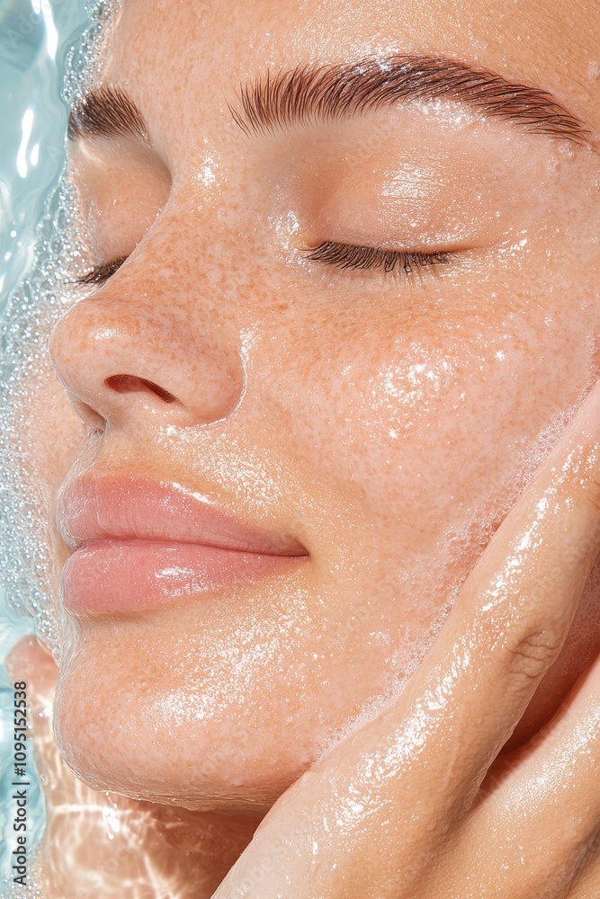 Relaxing Close-Up of a Model's Face Being Gently Massaged with Water, Showcasing Soft Skin and Natural Beauty in a Tranquil Spa Setting Relaxing Close-Up of a Model's Face Being Gently Massaged with Water, Showcasing Soft Skin and Natural Beauty in a Tranquil Spa Setting