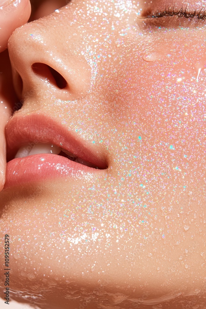 Fototapeta premium Close-Up Shot of a Model's Face with Hydrating Essence, Glowing Skin and Dewy Finish, Capturing the Beauty and Radiance of Healthy Skin
