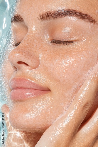 Relaxing Close-Up of a Model's Face Being Gently Massaged with Water, Showcasing Soft Skin and Natural Beauty in a Tranquil Spa Setting