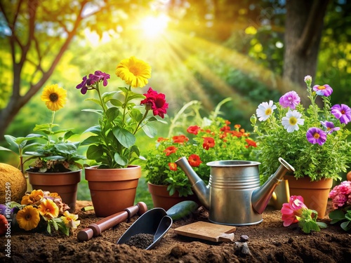 Vibrant Garden Scene with Freshly Prepared Soil, Seedlings, and Gardening Tools Ready for Planting in a Sunlit Landscape Celebrating the Joy of Gardening and Nature's Bounty