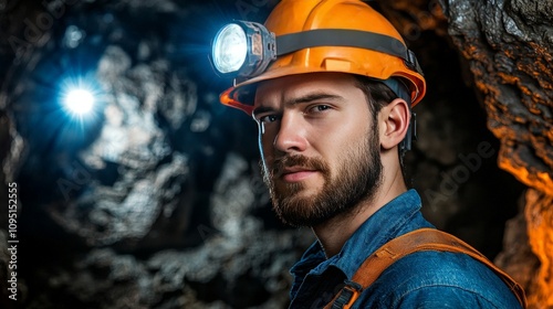 Heavy Duty Mining Worker Operating Drill in Dimly Lit Mine, Focused Expression with Safety Gear for Industrial Operations and Underground Work