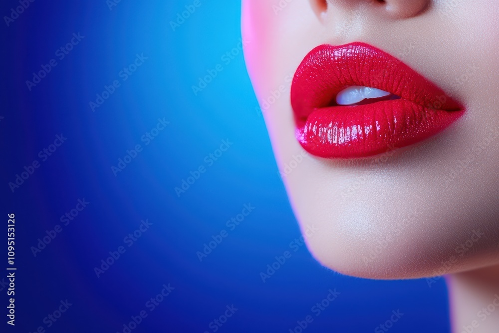 Obraz premium A Sultry Close-Up of a Model Applying Deep Red Lipstick with a Bright Blue Background Emphasizing Her Glamorous Look and Perfectly Sculpted Lips